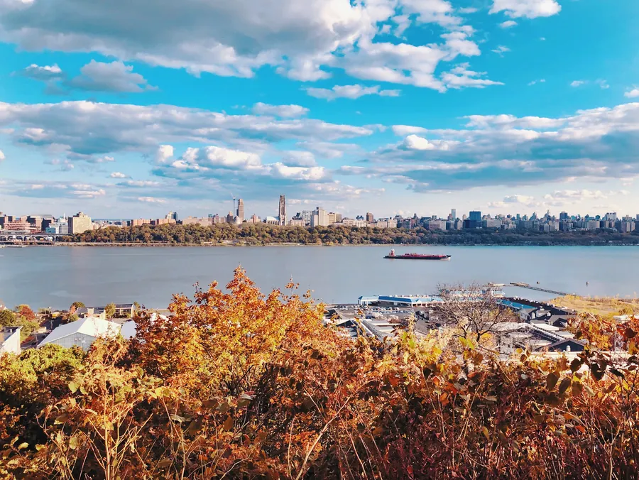 Autumn view from the Palisades in Cliffside Park across the Hudson River to Manhattan