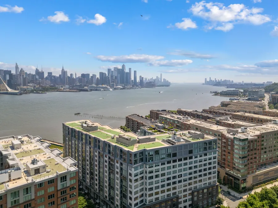 Aerial view of the West New York waterfront, the Hudson River and the Manhattan skyline